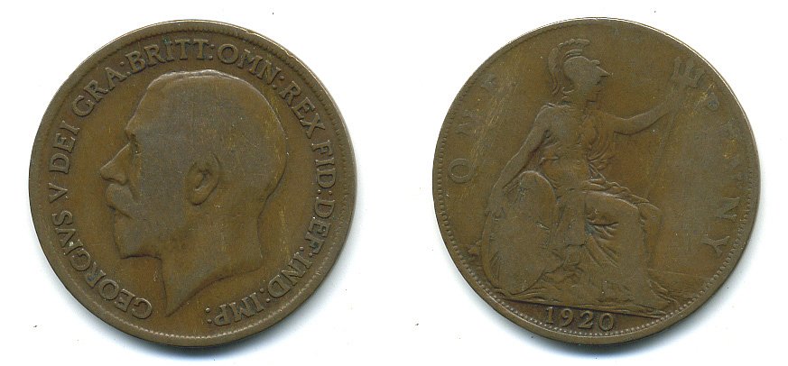 Великобритания 1 пенни 1920 Георг V (1910-1936) КМ 810, Spink 4051 бронза 4110-223