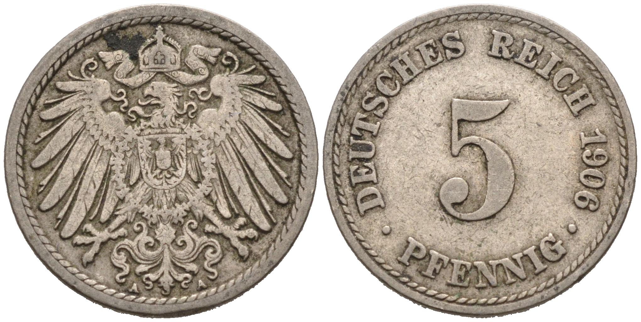 ГЕРМАНИЯ 5 ПФЕННИГОВ 1906 A, KM 11, J. 12 медно-никель 75-825