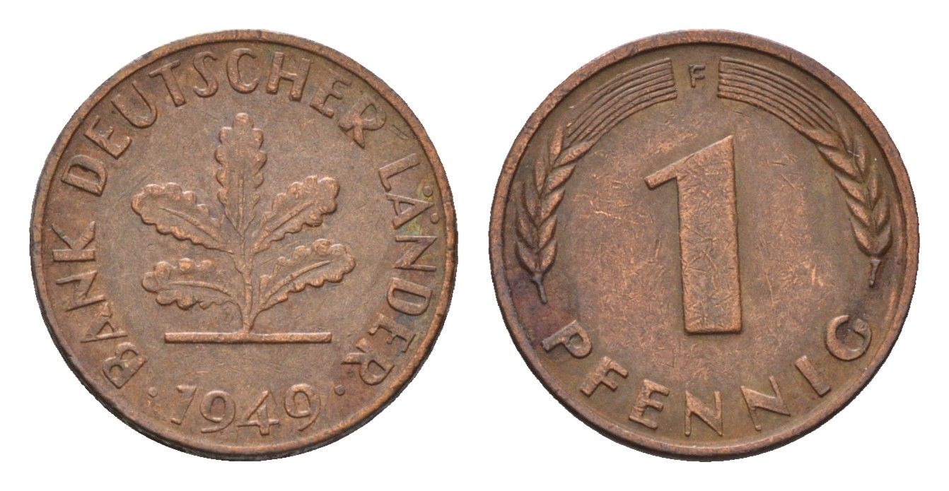 ФРГ 1 пфенниг 1949 F KM A101, J. 376 сталь плакированная медью 4685-346