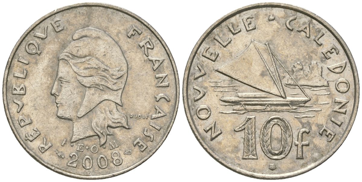 Французская Новая Каледония 10 франков 2008 рыбачья парусная лодка, (IEOM) KM 11a, Schoen 13a, Lec 99k медно-никель 60-357