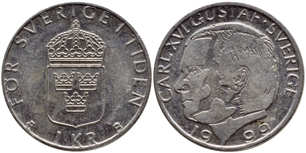 Швеция 1 крона 1999 Карл XVI Густав (1973- ) KM 852a медно-никель 4385-457
