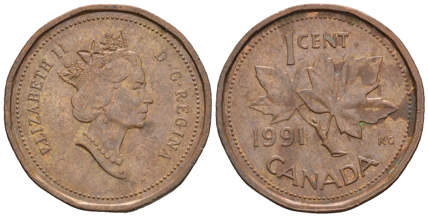 Канада 1 цент 1991 Елизавета II (1952-2022), кленовый лист KM 181 бронза 4609-233