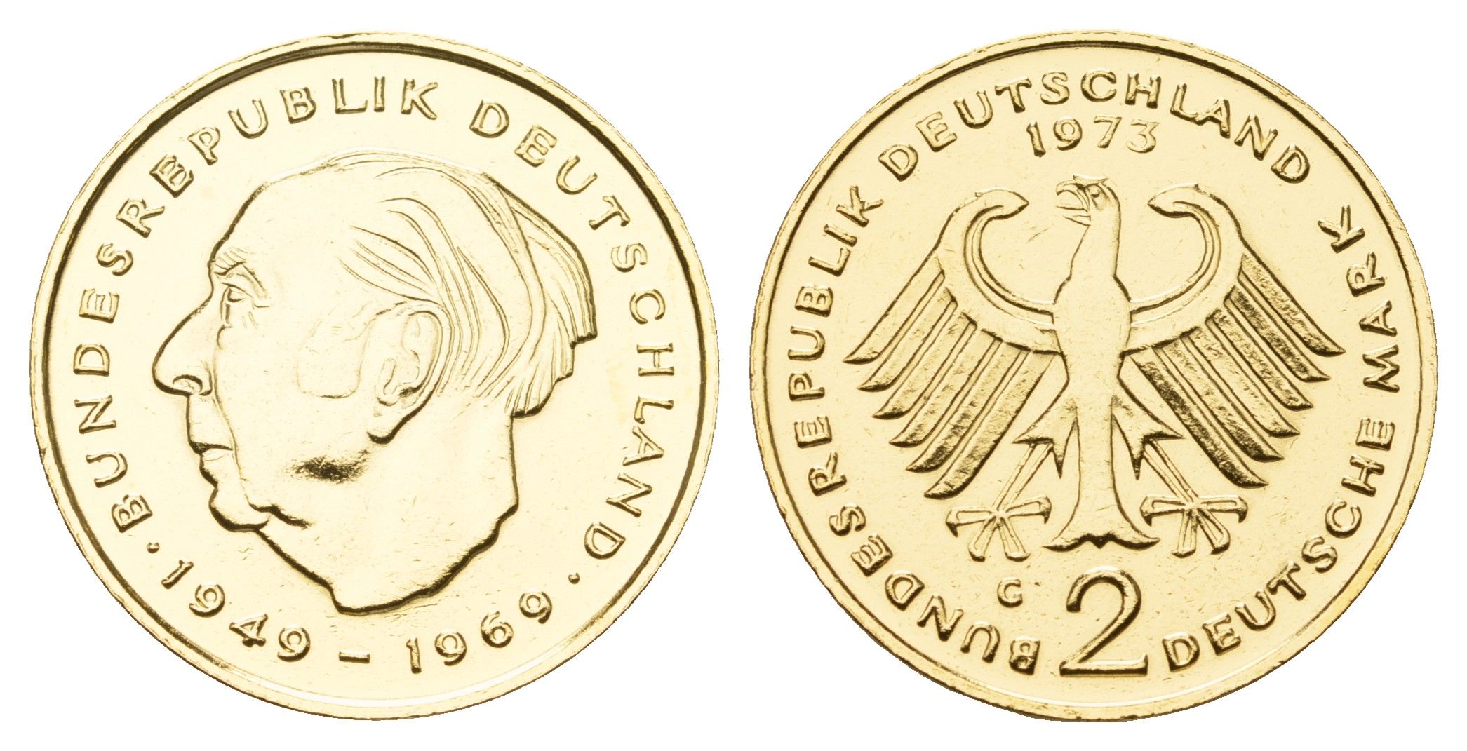 ФРГ 2 марки 1973 G, Теодор Хойс, 20 лет Федеративной Республике (1949-1969) KM A127 медно никель плакированный золотом 11-014-14