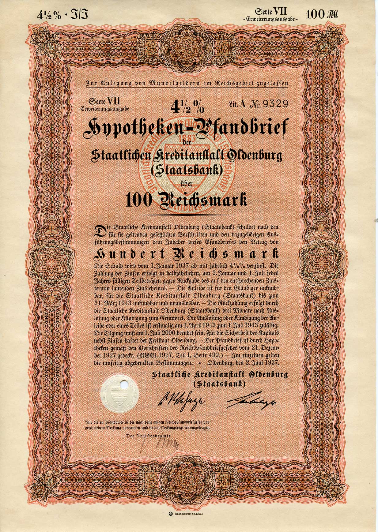 Германия 100 рейхсмарок 1937 Государственное кредитное учреждение Ольденбурга (Государственный банк), ипотечный залог под залог 4-1/2%, облигация   бумага   8802-23-1