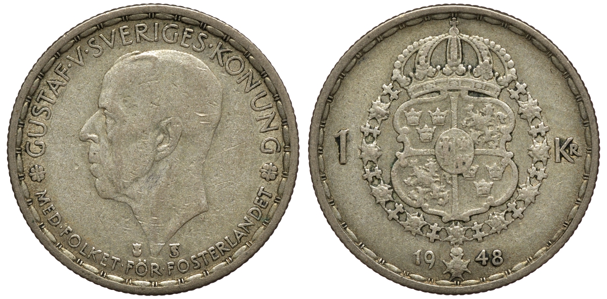 Швеция 1 крона 1948 TS, Густав V (1907-1950) KM 814 серебро 4178-544