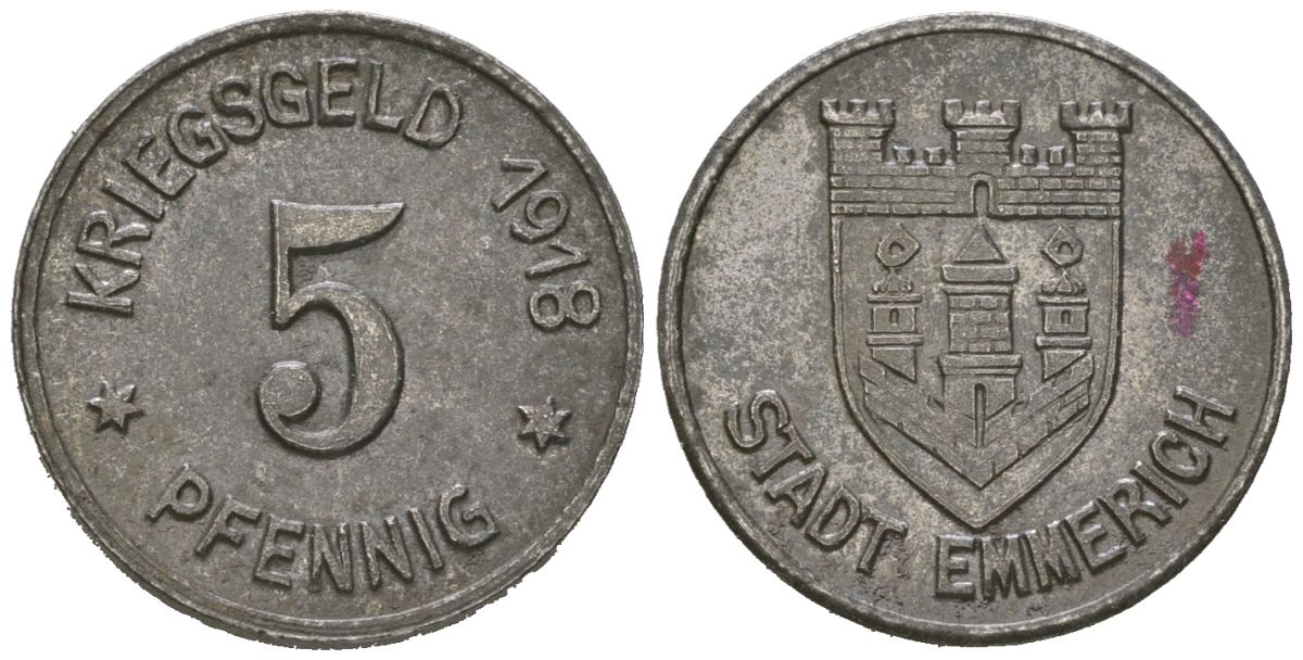 Эммерих (Пруссия, Рейн) 5 пфеннингов 1918 Funck 118.1, Men05 6537.1, Men18 8204.1 железо 4169-1115
