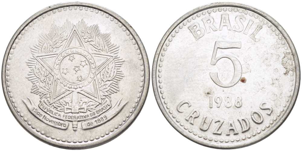 Бразилия 5 крузадо 1988 реформа 1986-1989 KM 606 нержавеющая сталь 67-127