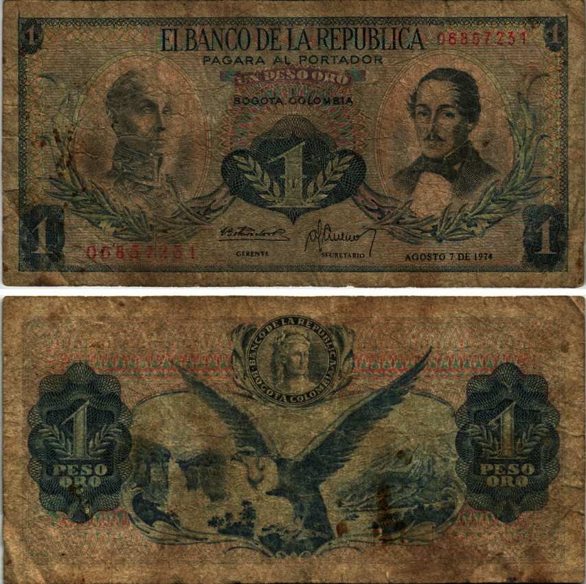 Колумбия 1 песо 1974 7 августа 1974, Симон Боливар, генерал Франсиско де Паула Сантандер Pick 404е  бумага   435-7-3-2