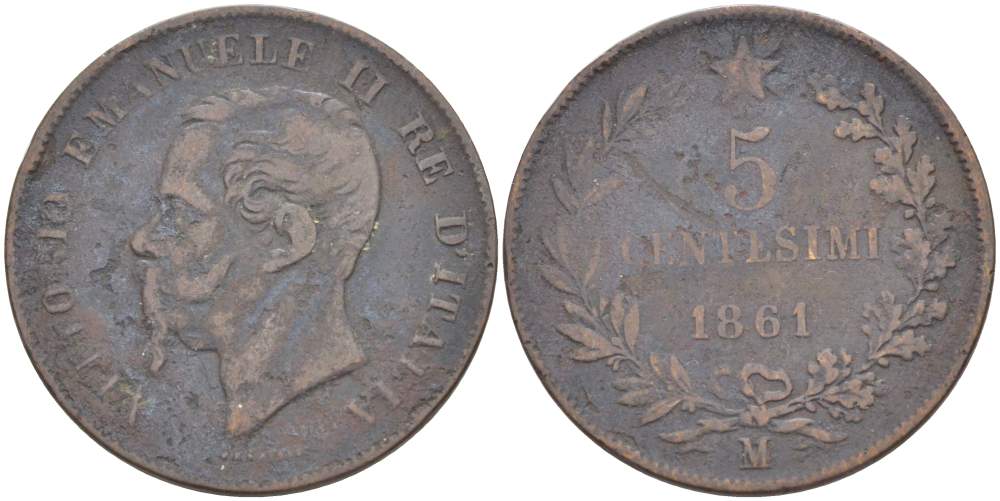 ИТАЛИЯ 5 ЧЕНТЕЗИМО 1861 М, МОНДВОР МИЛАН, ВИКТОР ЭММАНУИЛ II (1861-1878) KM 3.2 медь 4525-115