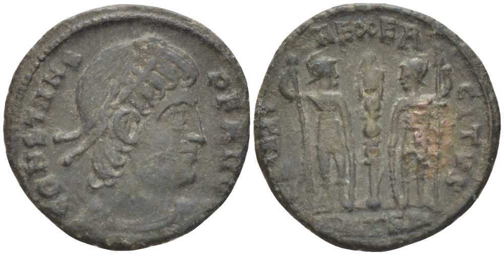 Римская Империя нуммий 337 - 340 Констант, CONSTANS PF AVG / GLORIA EXERCITVS, Фессалоника, (степень редкости С2) RIC 57 биллон 1073-17-67