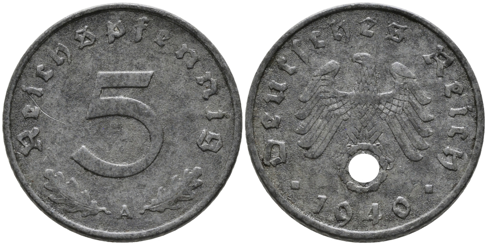ГЕРМАНИЯ 5 РЕЙХСПФЕННИГОВ 1940 А, KM 100, J. 370 цинк 96-641