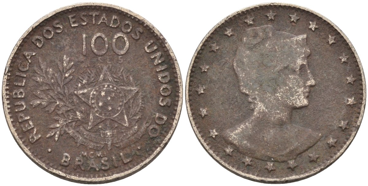 Бразилия 100 рейс 1901 голова свободы вправо KM 503 медно-никель 4589-1025