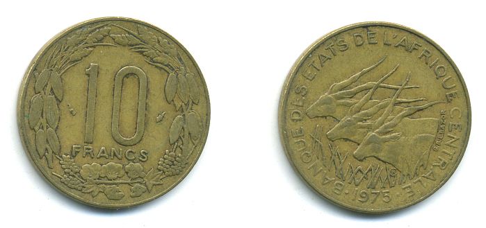 ВАЛЮТНЫЙ СОЮЗ ЦЕНТРАЛЬНОЙ АФРИКИ 10 ФРАНКОВ 1975 бронза 4-941