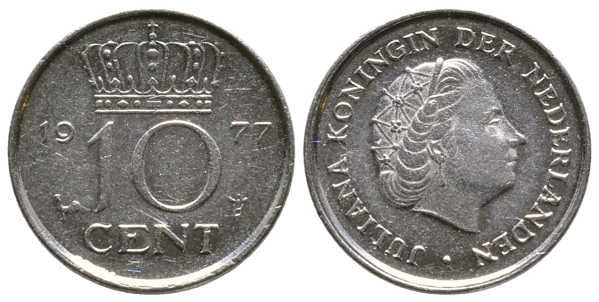 НИДЕРЛАНДЫ 10 ЦЕНТОВ 1977 ЮЛИАНА KM 182 никель 4383-448