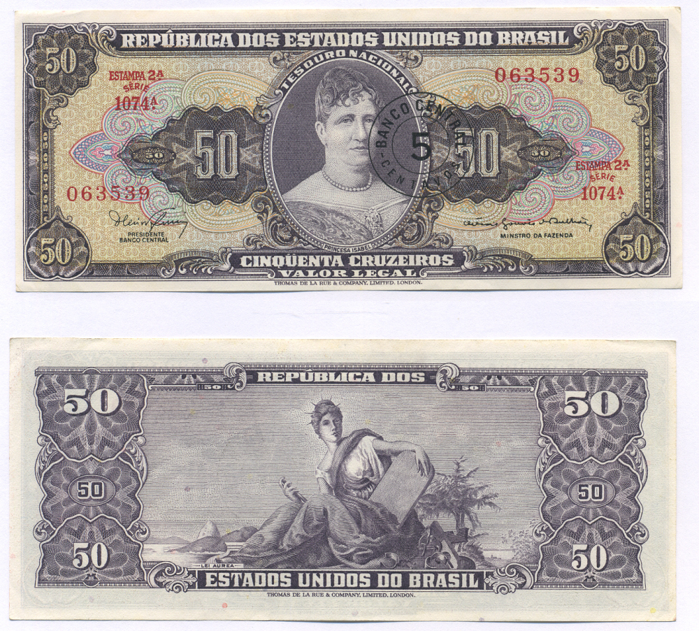 БРАЗИЛИЯ 5 СЕНТАВО 1966 НАДПЕЧАТКА НА 50 КРУЗЕЙРО, СЕРИЯ 1074 Pick 184а бумага UNC (ПРЕСС) 7116-10-1