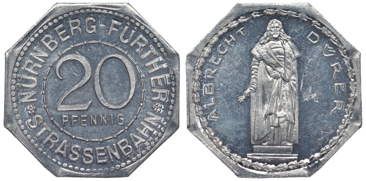 Германия, Нюрнберг - Фюрт 20 пфеннигов ND трамвайный жетон, памятник Дюреру алюминий UNC 4119-742