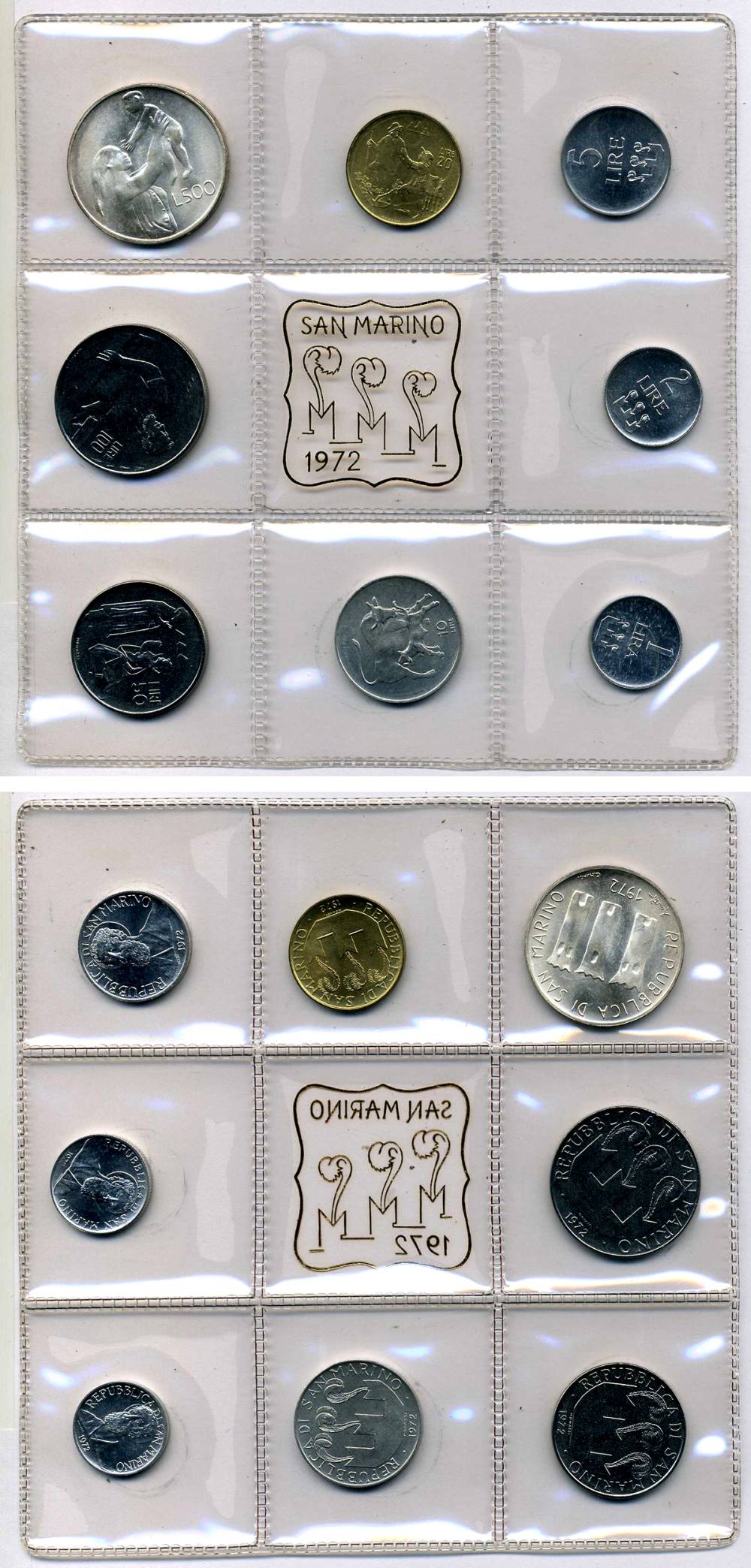 Сан-Марино годовой набор из 8 монет 1972 1, 2, 5, 10, 20, 50, 100 и 500 лир мать поднимает ребенка в воздух KM 14-21, в оригинальной пластиковой запайке серебро KM MS1 серебро UNC 3-4-5-4