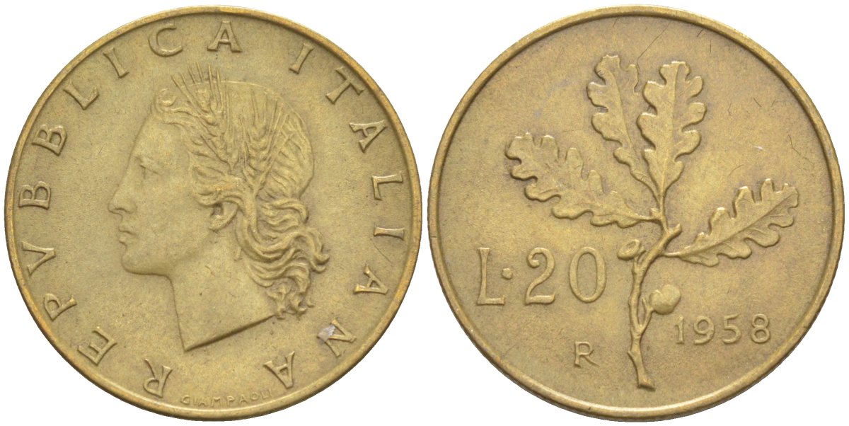 Италия 20 лир 1958 R, дубовый лист KM 97.1 алюминиевая бронза 4519-1216