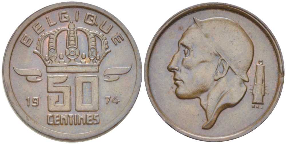БЕЛЬГИЯ 50 САНТИМОВ 1974 BELGIQUE, БОДУЭН I (1951-1993) KM 148.1 бронза 214-461