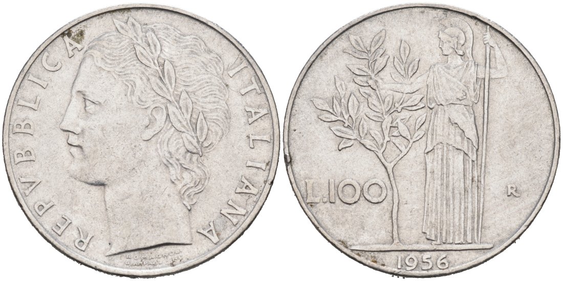 Италия 100 лир 1956 R, АФИНА У ОЛИВКОВОГО ДЕРЕВА KM 96.1 нержавеющая сталь 4572-934