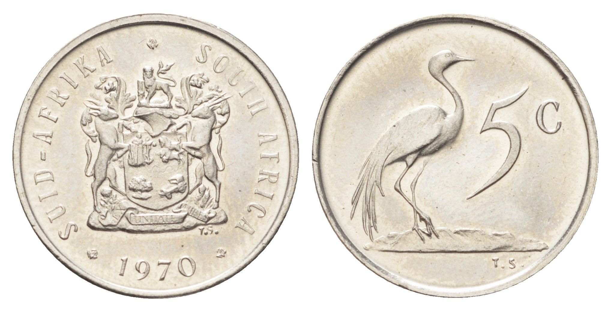 ЮАР 5 центов 1970 герб, райский журавль KM 84 никель UNC 4696-953