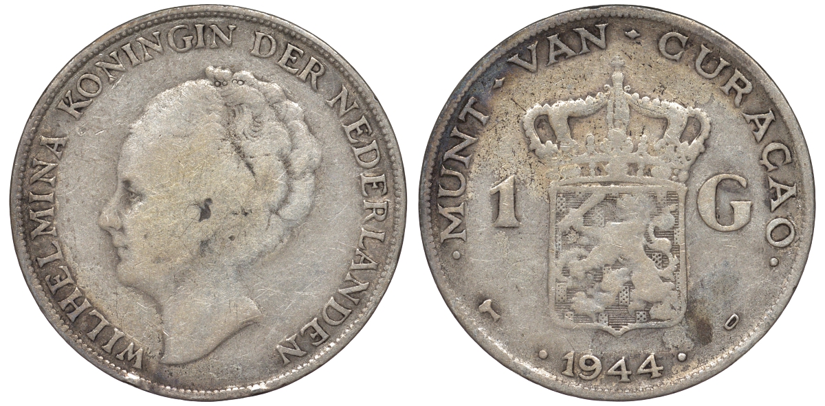 Нидерландское Кюрасао 1 гульден 1944 D, Вильгельмина (1890-1948) KM 45 серебро 36-541