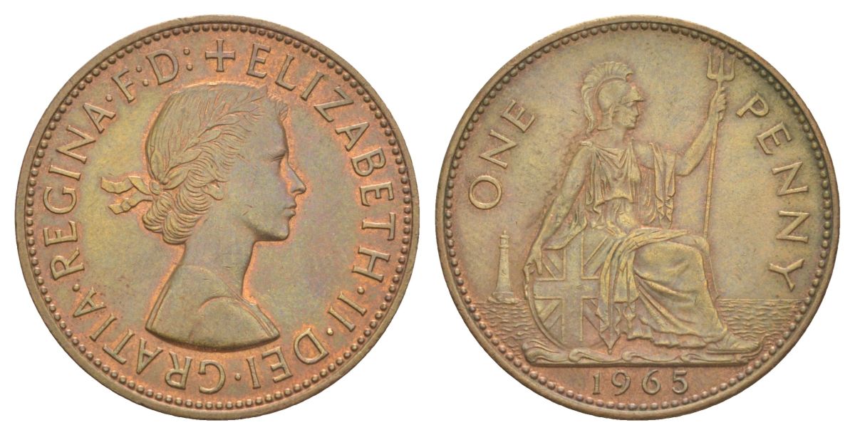 Великобритания 1 пенни 1965 Елизавета II (1952-2022) КМ 897, Spink 4157 бронза 4168-644