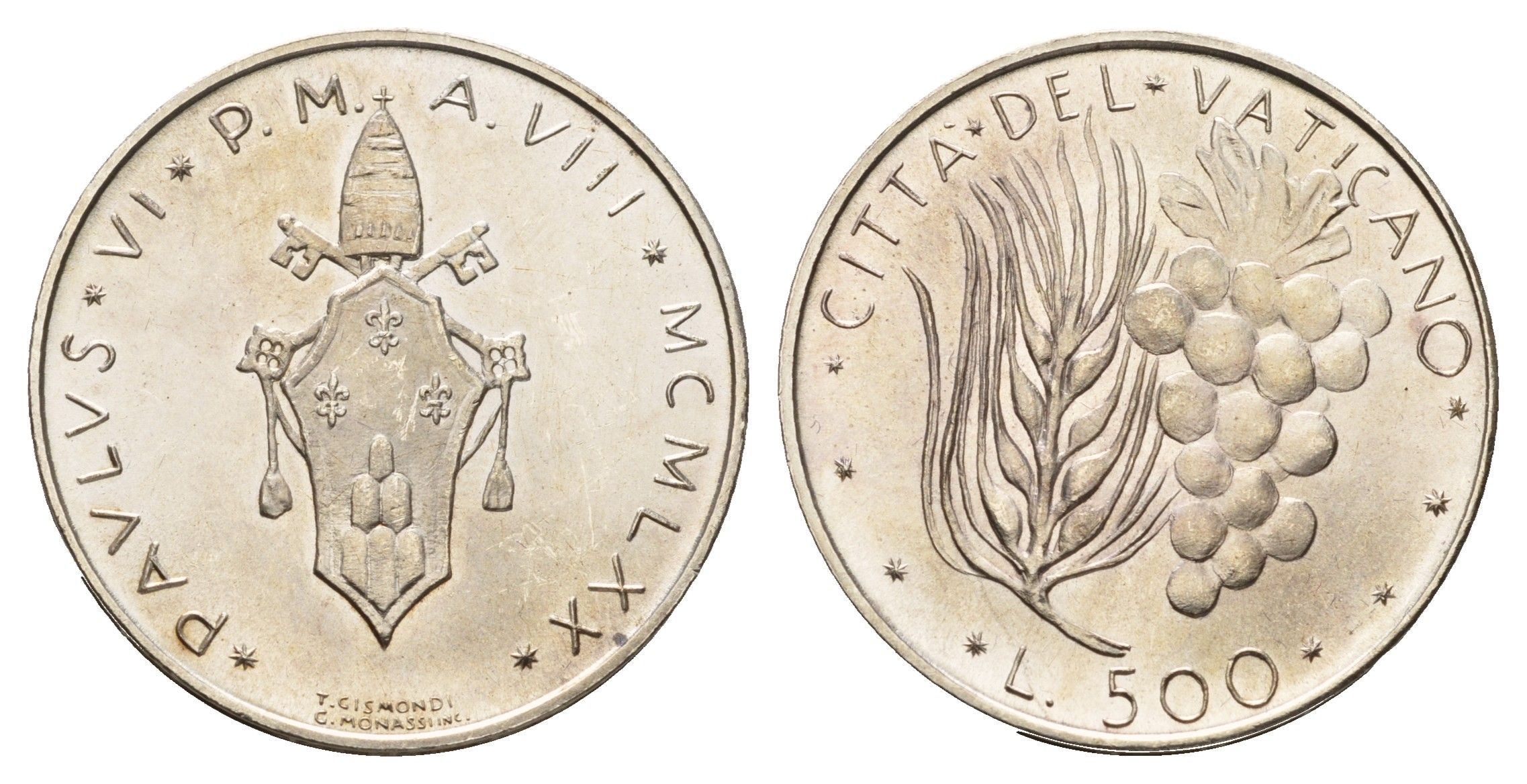 Ватикан 500 лир 1970 MCMLXX KM 123 серебро BU 270-414