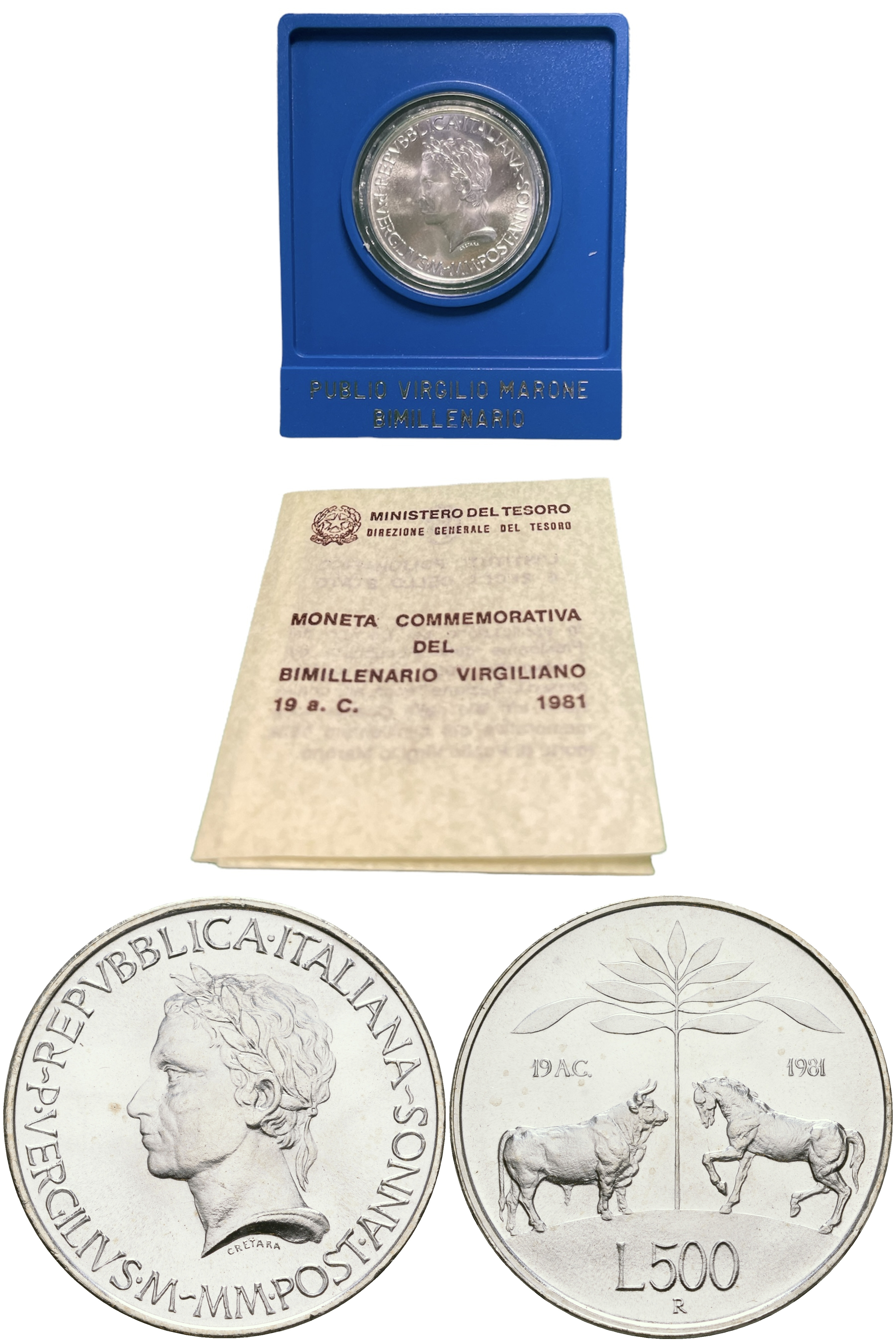 Италия 500 лир 1981 R, 2000 лет со дня смерти Вергилия, в оригинальной коробке KM 110 серебро 3-4-10-06
