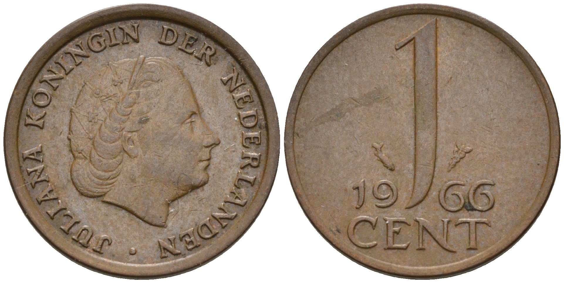 Нидерланды 1 цент 1966 Юлиана (1948-1980), большая дата КМ 180 бронза    4124-315