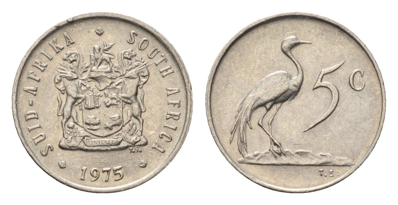 ЮАР 5 центов 1975 герб, райский журавль KM 84 никель 4694-442