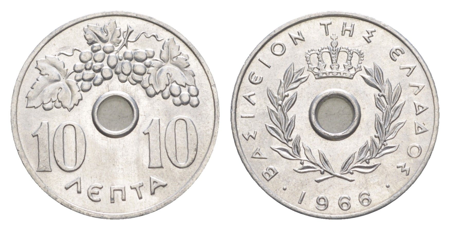 Греция 10 лепт 1966 Константин II (1964-1973), виноградная гроздь KM 78 алюминий UNC 220-567