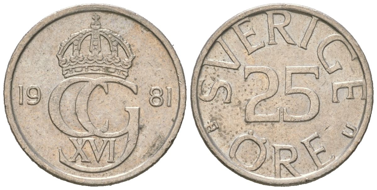 Швеция 25 эре 1981 Карл XVI Густав (1973- ) KM 851 медно-никель UNC 4618-248