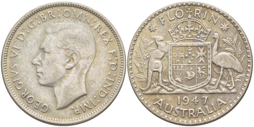 Австралия 1 флорин 1947 Георг VI (1937-1952), герб Австралии KM 40a серебро 4512-1226