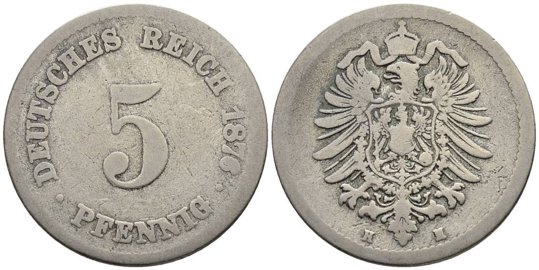 ГЕРМАНИЯ 5 ПФЕННИГОВ 1876 H, СТАРОГЕРБОВКА KM 3, Jager 3, Weege 5 медно-никель 4546-1051