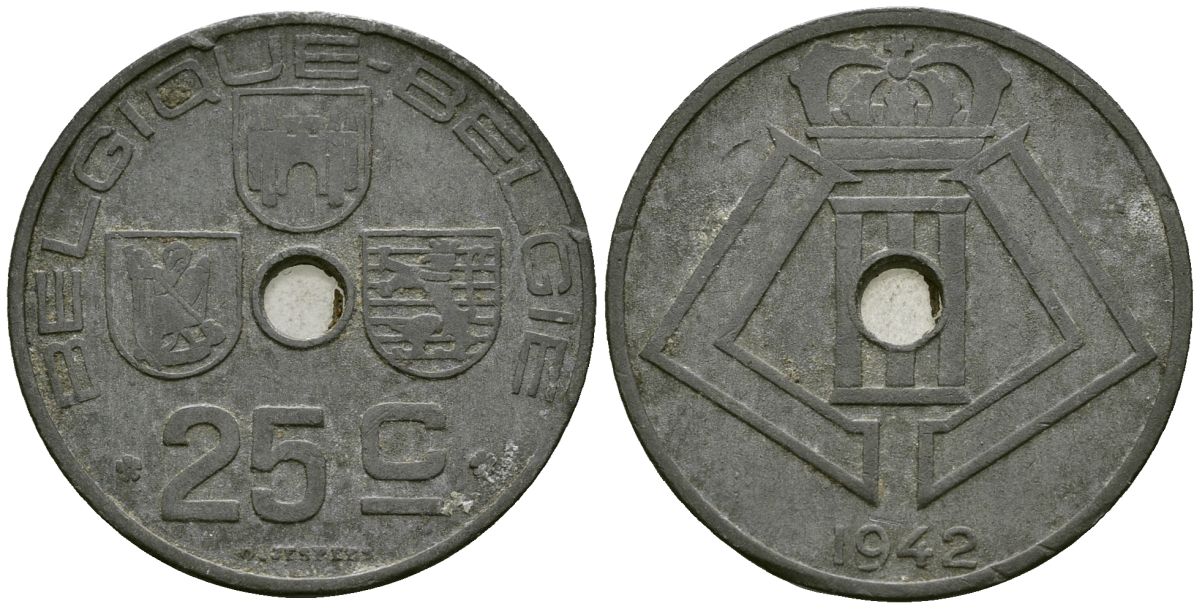 Бельгия 25 сантимов 1942 Belgique - Belgie, германская оккупация, Вторая мировая война KM 131 цинк 4176-1254