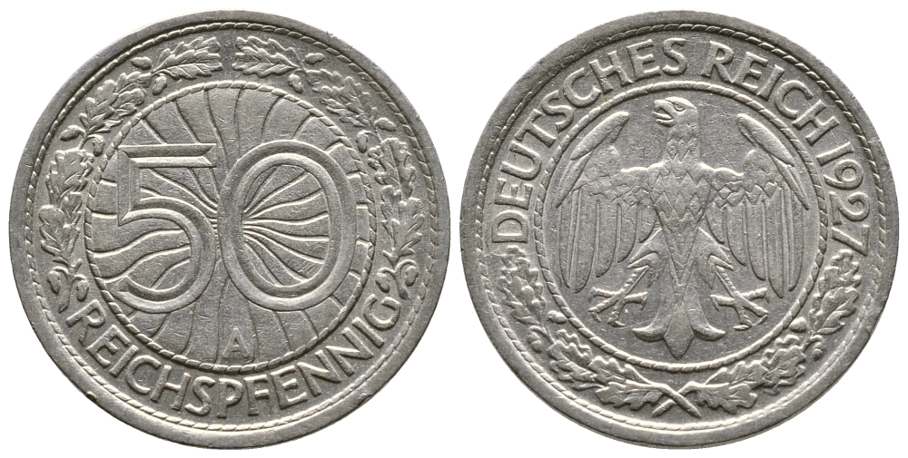 Германия 50 рейхспфеннигов 1927 A KM 49, J. 324 никель 4380-413