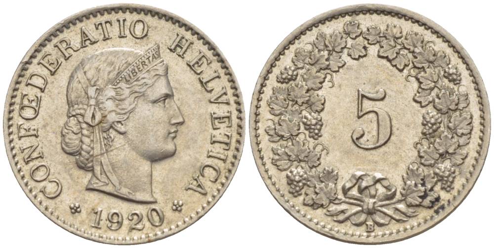 ШВЕЙЦАРИЯ 5 РАППЕНОВ 1920 В KM 26 медно-никель 4532-922