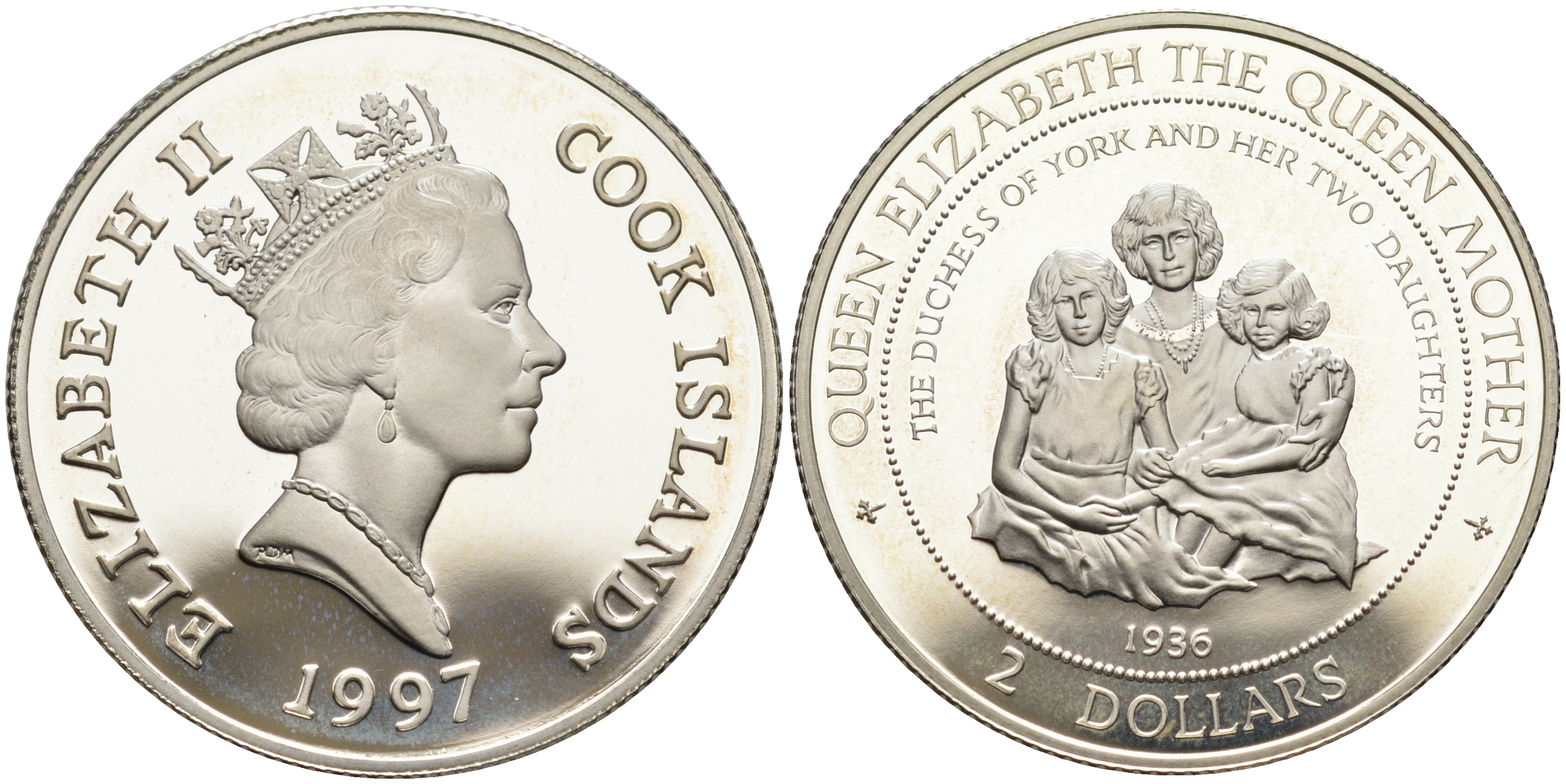 Острова Кука 2 доллара 1997 Королева Елизавета (королева-мать), с дочерями KM 376 серебро PROOF 11-070-12