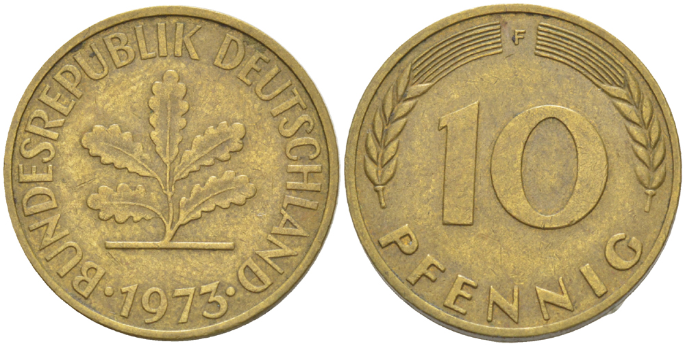 ФРГ 10 ПФЕННИГОВ 1973 F KM 108, J. 383 сталь плакированная латунью 4182-833