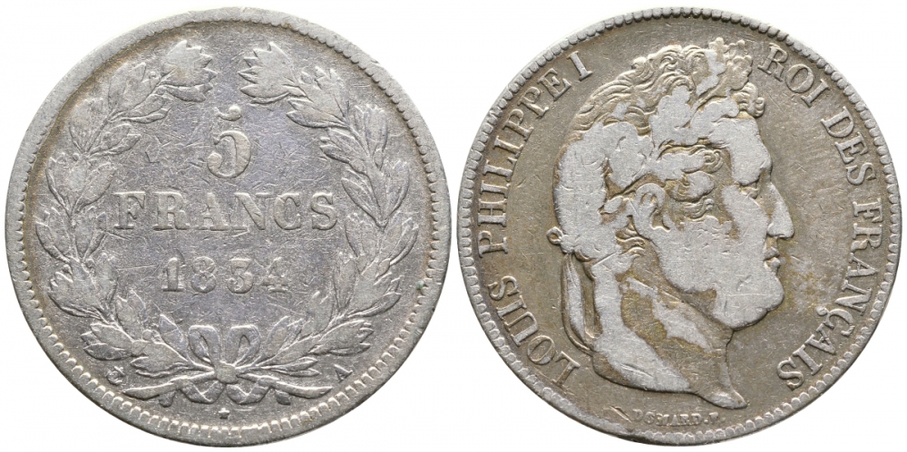 Франция 5 франков 1834 А, Луи Филипп I (1830-1848) KM 749.1 серебро 413-3044