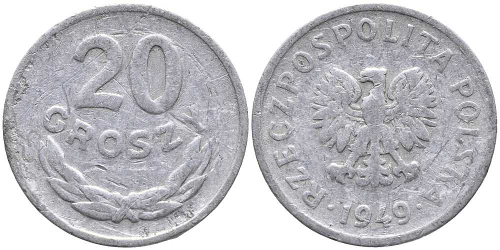 Польша 20 грошей 1949 KM 43а, Parchimowicz 207b алюминий 105-966