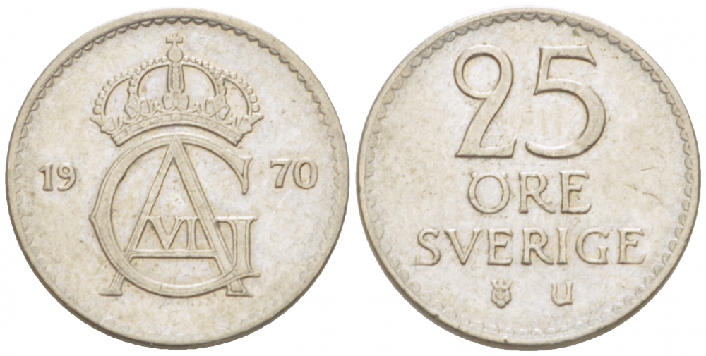 Швеция 25 эре 1970 U Густав VI Адольф (1950-1973) KM 836 медно-никель 3955-362