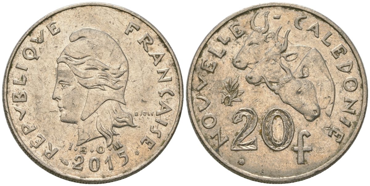 Французская Новая Каледония 20 франков 2015 три быка, (IEOM) KM 12a, Schoen 14a медно-никель 4137-513