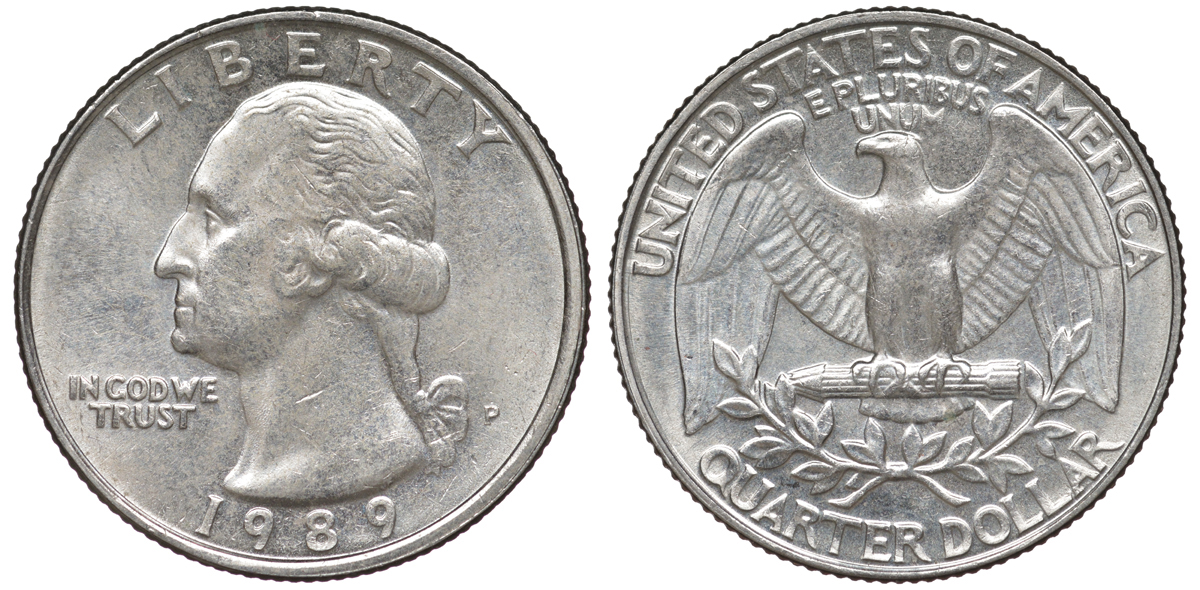 США 25 центов = квотер 1989 P, Вашингтон KM A164a медь плакированная медно-никелем 4556-143