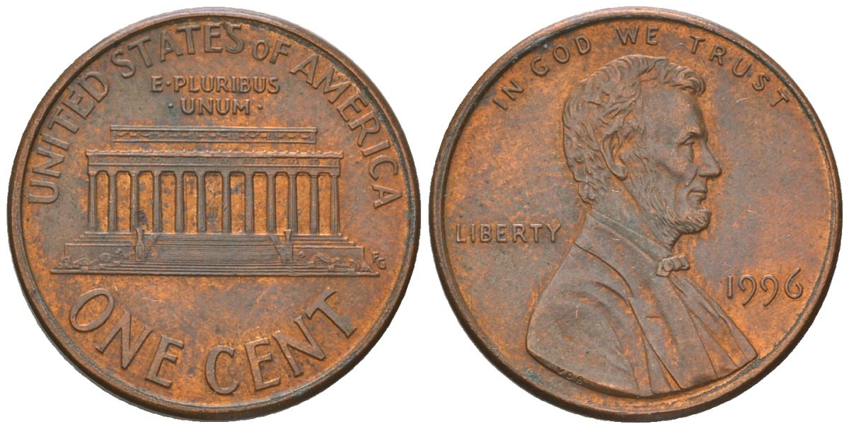 США 1 цент 1996 Линкольн KM 201b цинк плакированный медью 4564-211