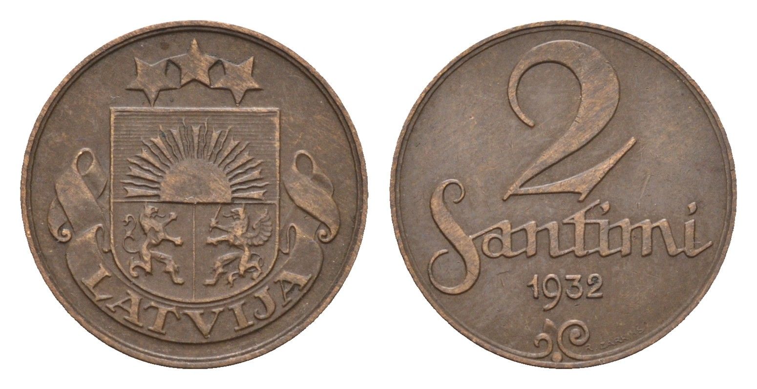 Латвия 2 сантима 1932 KM 2 бронза 4679-246