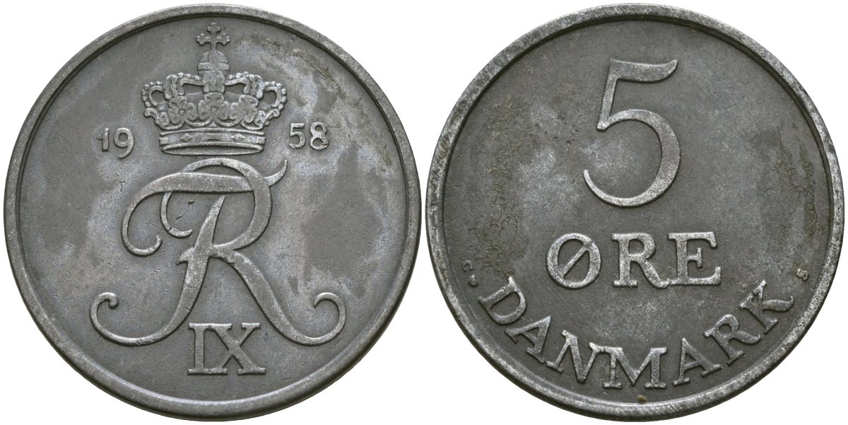 Дания 5 эре 1958 C;S, Фредерик IX (1947-1972) KM 843.2 цинк 4137-612
