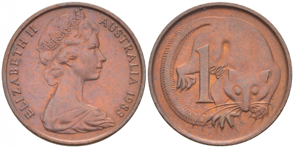 АВСТРАЛИЯ 1 ЦЕНТ 1983 ЕЛИЗАВЕТА II, МОЛОДОЙ ПОРТРЕТ, ОПОССУМ KM 62 бронза 3851-1118
