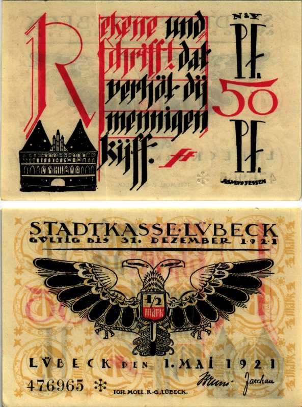 ЛЮБЕК, ГЕРМАНИЯ 50 ПФЕННИГОВ 1921 НОТГЕЛЬД, 1 МАЯ 1921, ЗЕМЛЯ ШЛЕЗВИГ-ГОЛЬШТЕЙН, БУКВА R ARNOLD KELLER 831.2 бумага 7523-30-2-1